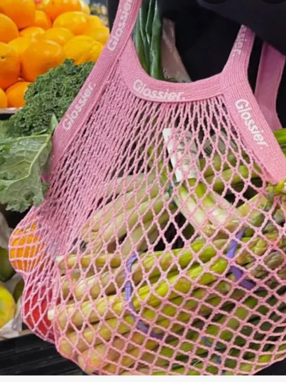 NEW Glossier Beauty Pink Mesh Twill Shopping Shoulder Bag Satchel Knit NWT